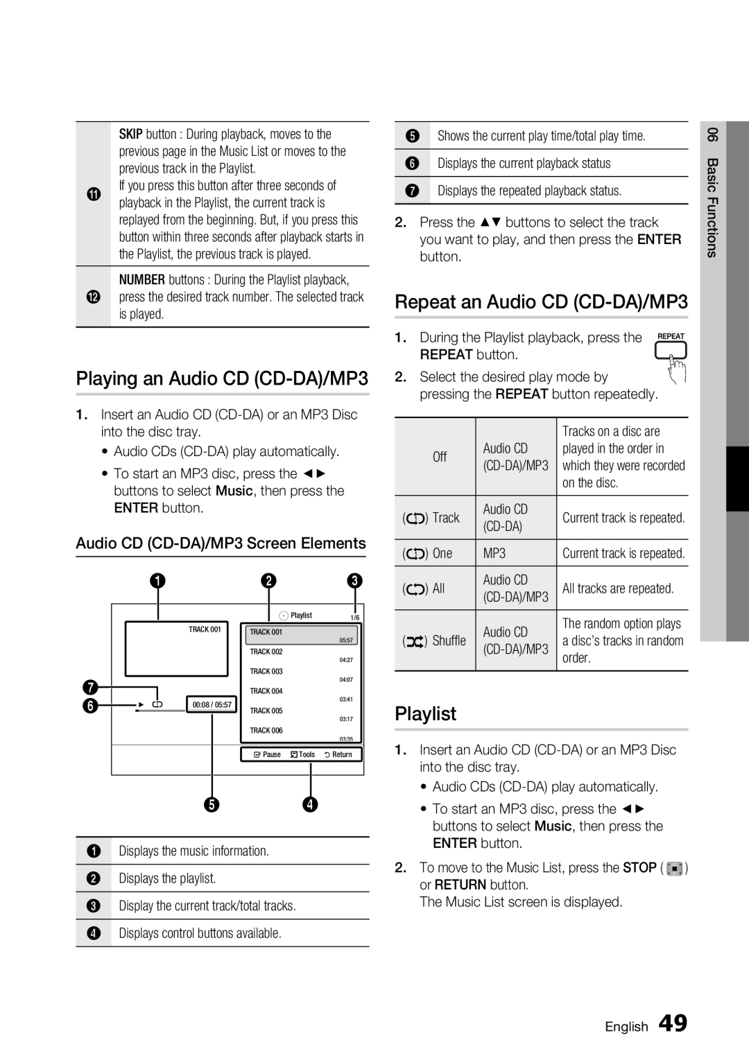 Samsung BD-C7500/XSS, BD-C7500/XEN manual Playing an Audio CD CD-DA/MP3, Repeat an Audio CD CD-DA/MP3, Playlist 