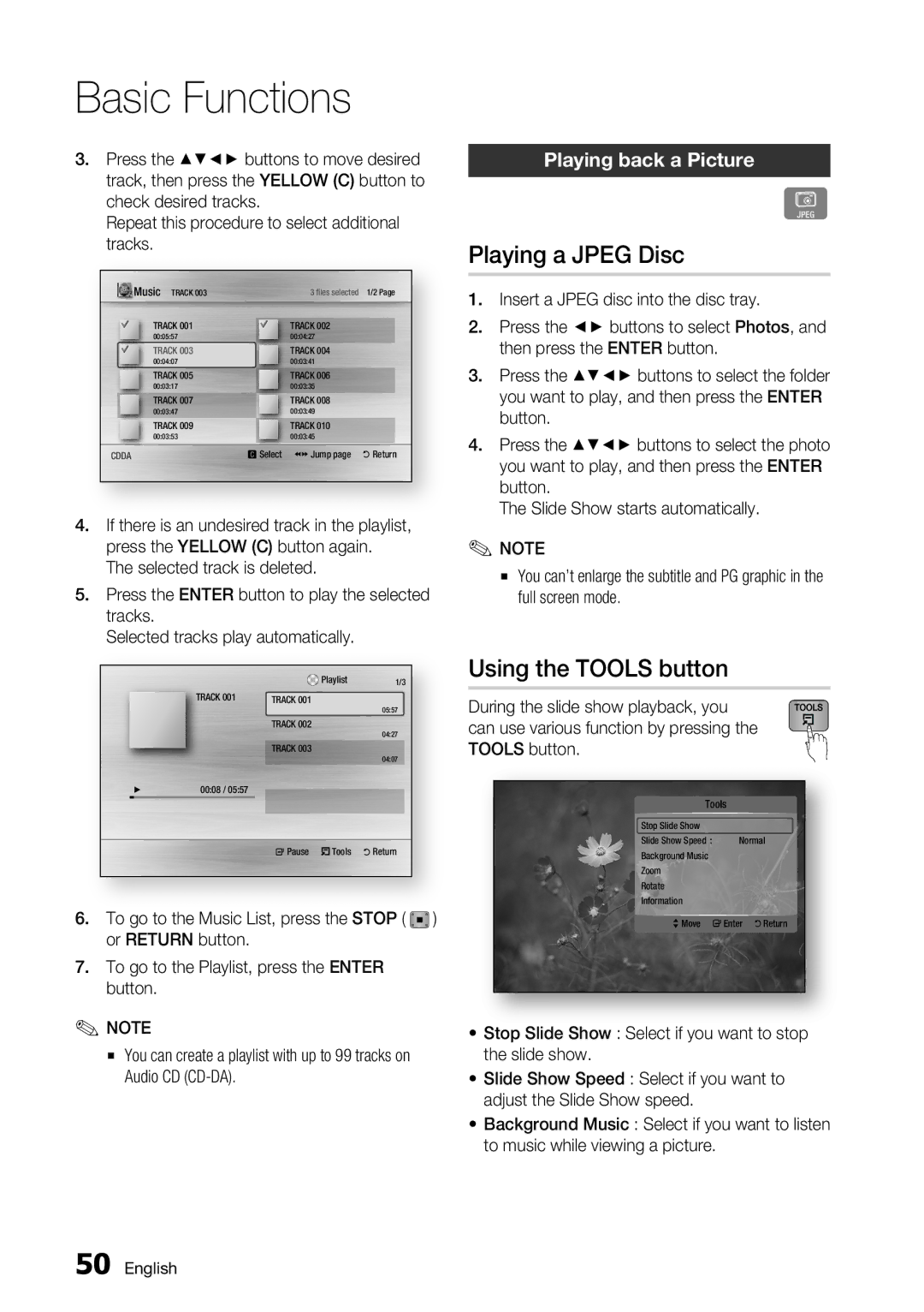 Samsung BD-C7500/XEN, BD-C7500/XSS manual Playing a Jpeg Disc, Using the Tools button, Playing back a Picture 