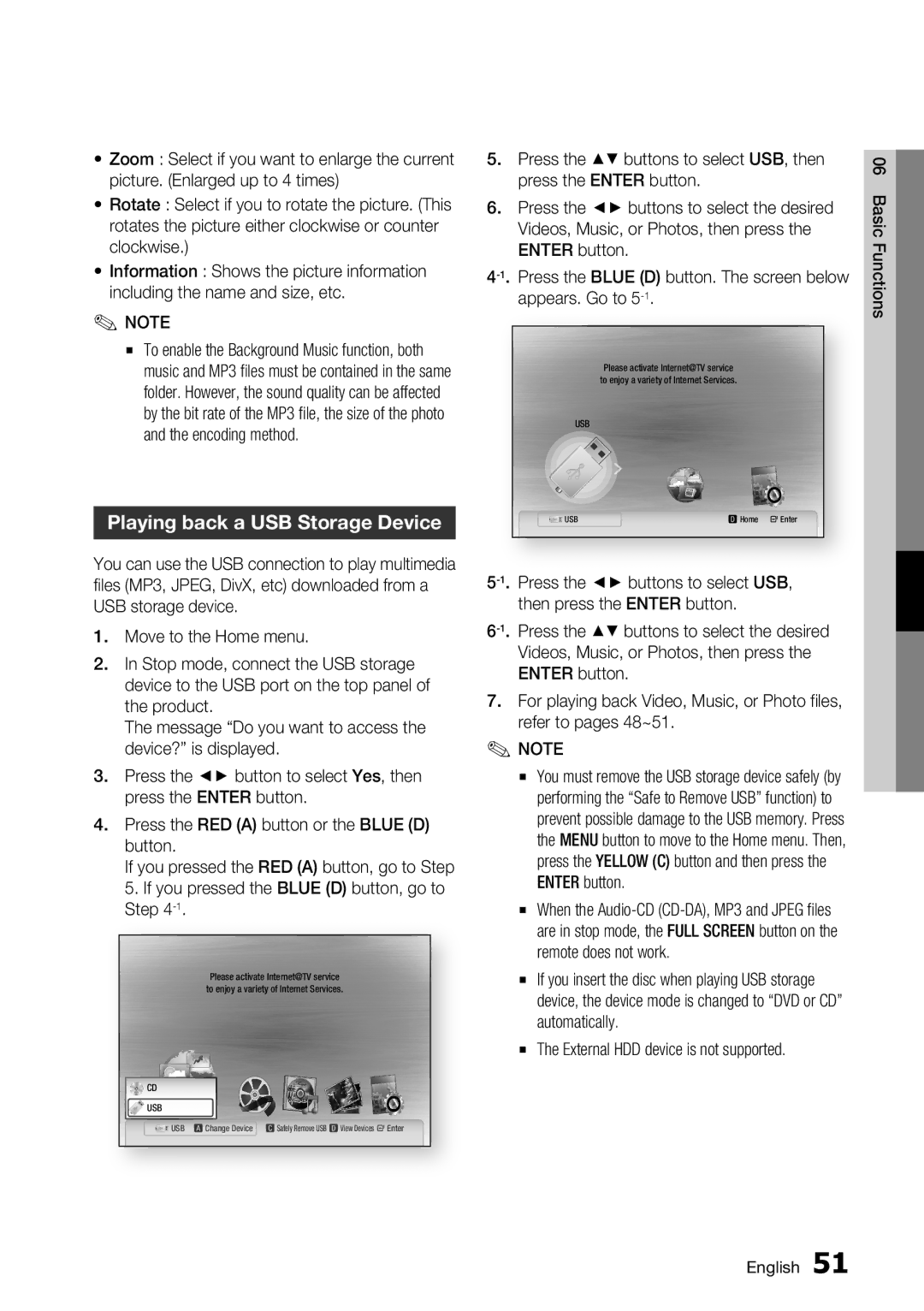 Samsung BD-C7500/XSS, BD-C7500/XEN manual Playing back a USB Storage Device, External HDD device is not supported 