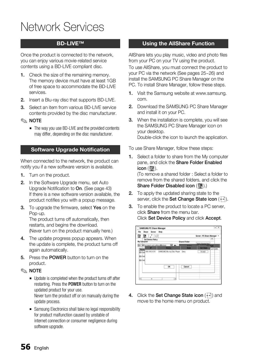 Samsung BD-C7500/XEN Using the AllShare Function, Turn on the product, To upgrade the firmware, select Yes on the Pop-up 