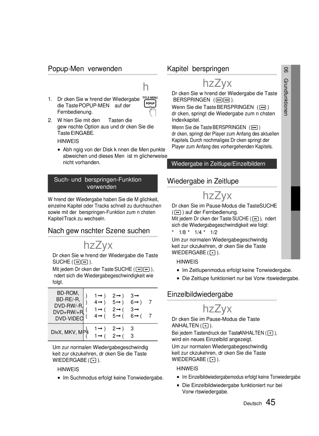 Samsung BD-C7509/XEG Popup-Menü verwenden, Nach gewünschter Szene suchen, Kapitel überspringen, Wiedergabe in Zeitlupe 