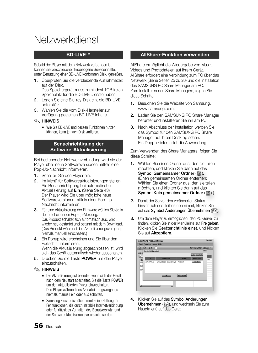 Samsung BD-C7509/XEG manual Benachrichtigung der Software-Aktualisierung, AllShare-Funktion verwenden 