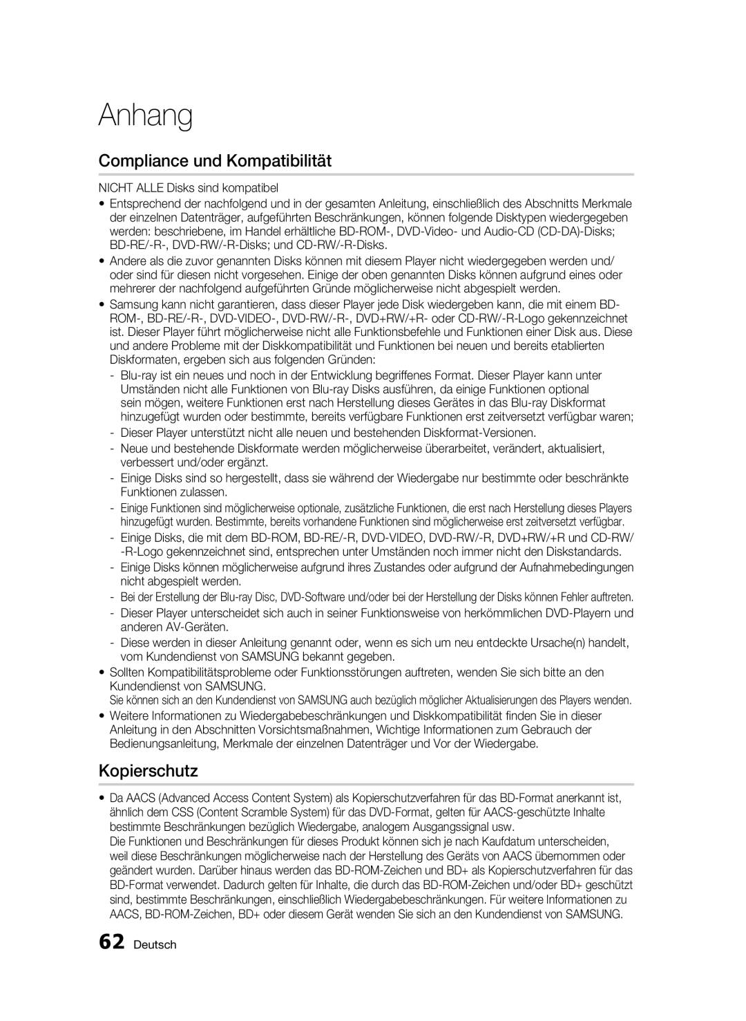 Samsung BD-C7509/XEG manual Compliance und Kompatibilität, Kopierschutz, Nicht Alle Disks sind kompatibel 