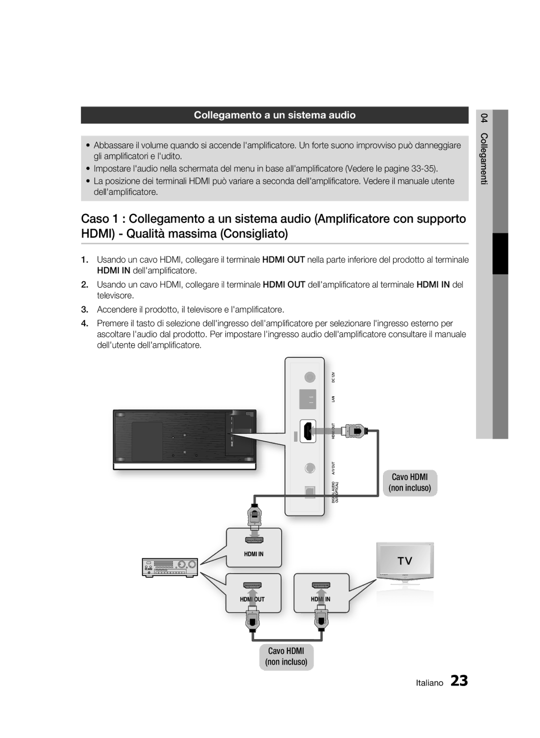 Samsung BD-C7509/XEG manual Collegamento a un sistema audio, Cavo Hdmi non incluso 