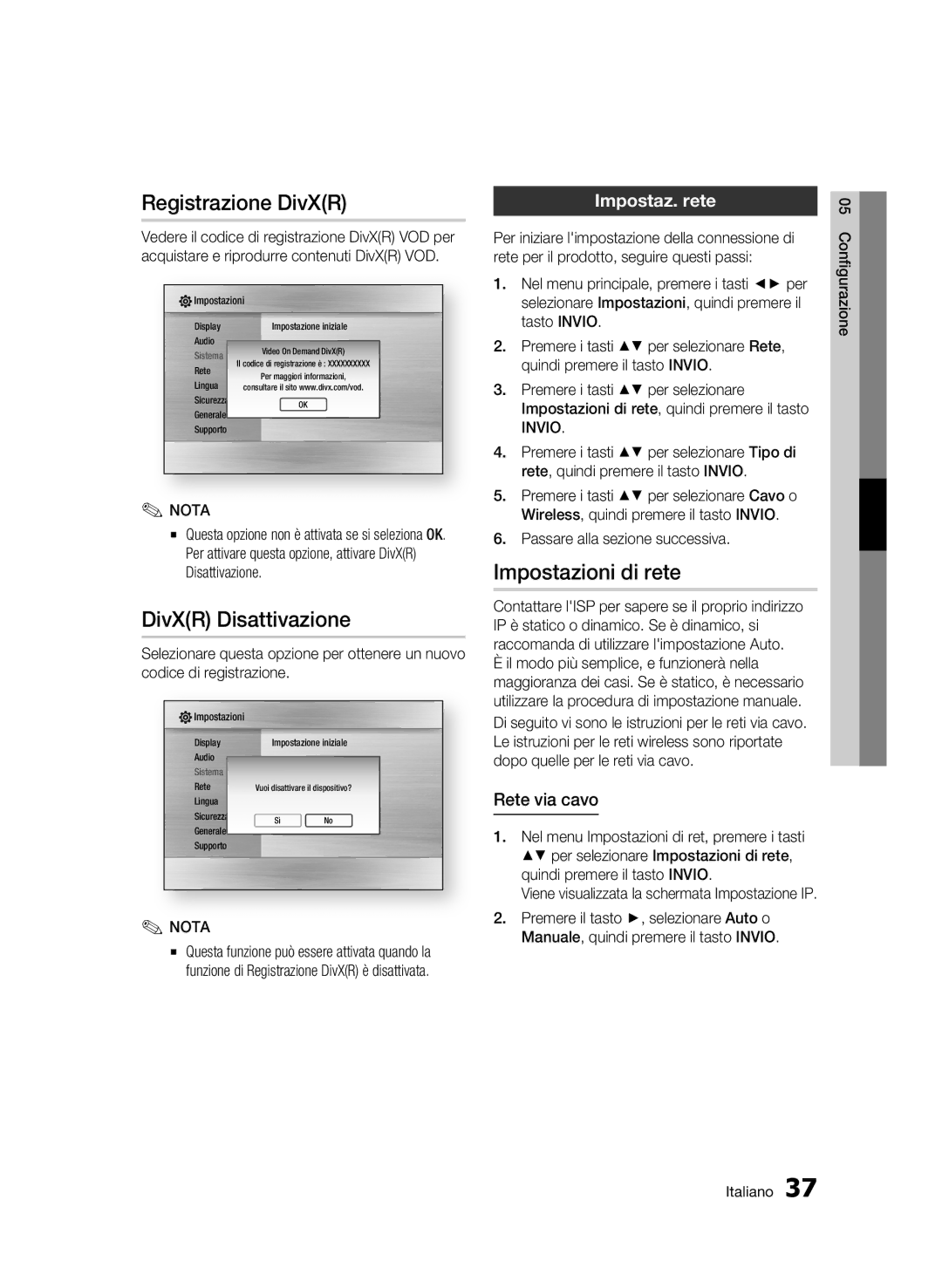 Samsung BD-C7509/XEG manual Registrazione DivXR, DivXR Disattivazione, Impostazioni di rete, Impostaz. rete, Rete via cavo 