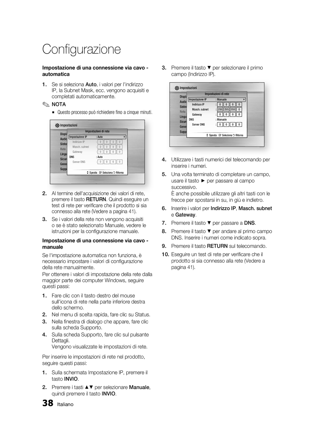 Samsung BD-C7509/XEG Impostazione di una connessione via cavo automatica, Impostazione di una connessione via cavo manuale 