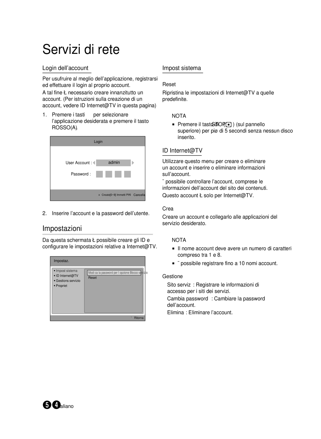 Samsung BD-C7509/XEG manual Impostazioni, Login dellaccount, Impost sistema 