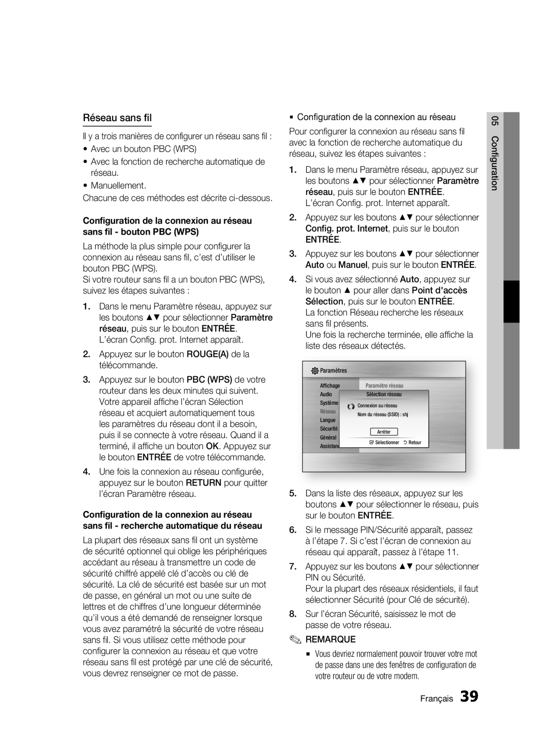 Samsung BD-C7509/XEG manual Réseau sans fil,  Configuration de la connexion au réseau, Entrée 