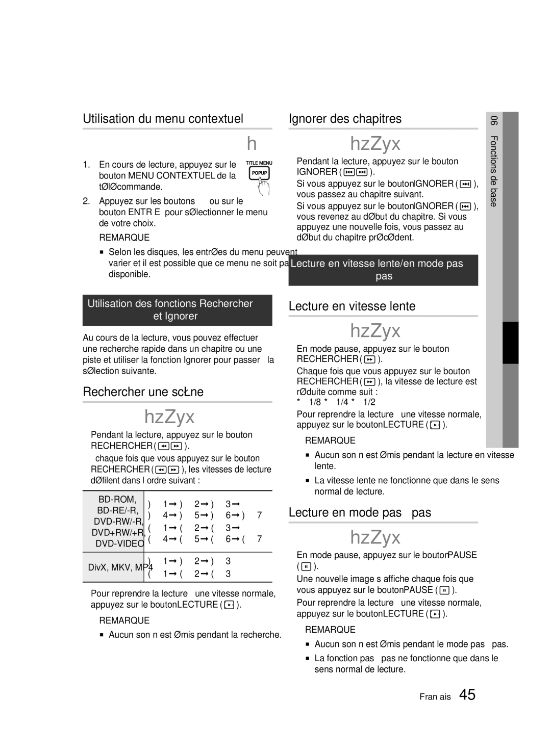 Samsung BD-C7509/XEG Utilisation du menu contextuel, Rechercher une scène, Ignorer des chapitres, Lecture en vitesse lente 