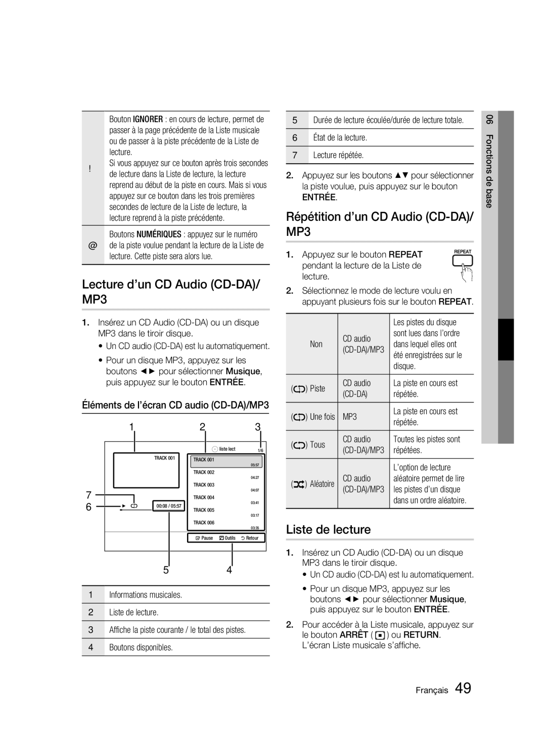 Samsung BD-C7509/XEG manual Lecture d’un CD Audio CD-DA/ MP3, Répétition d’un CD Audio CD-DA/ MP3, Liste de lecture, Cd-Da 