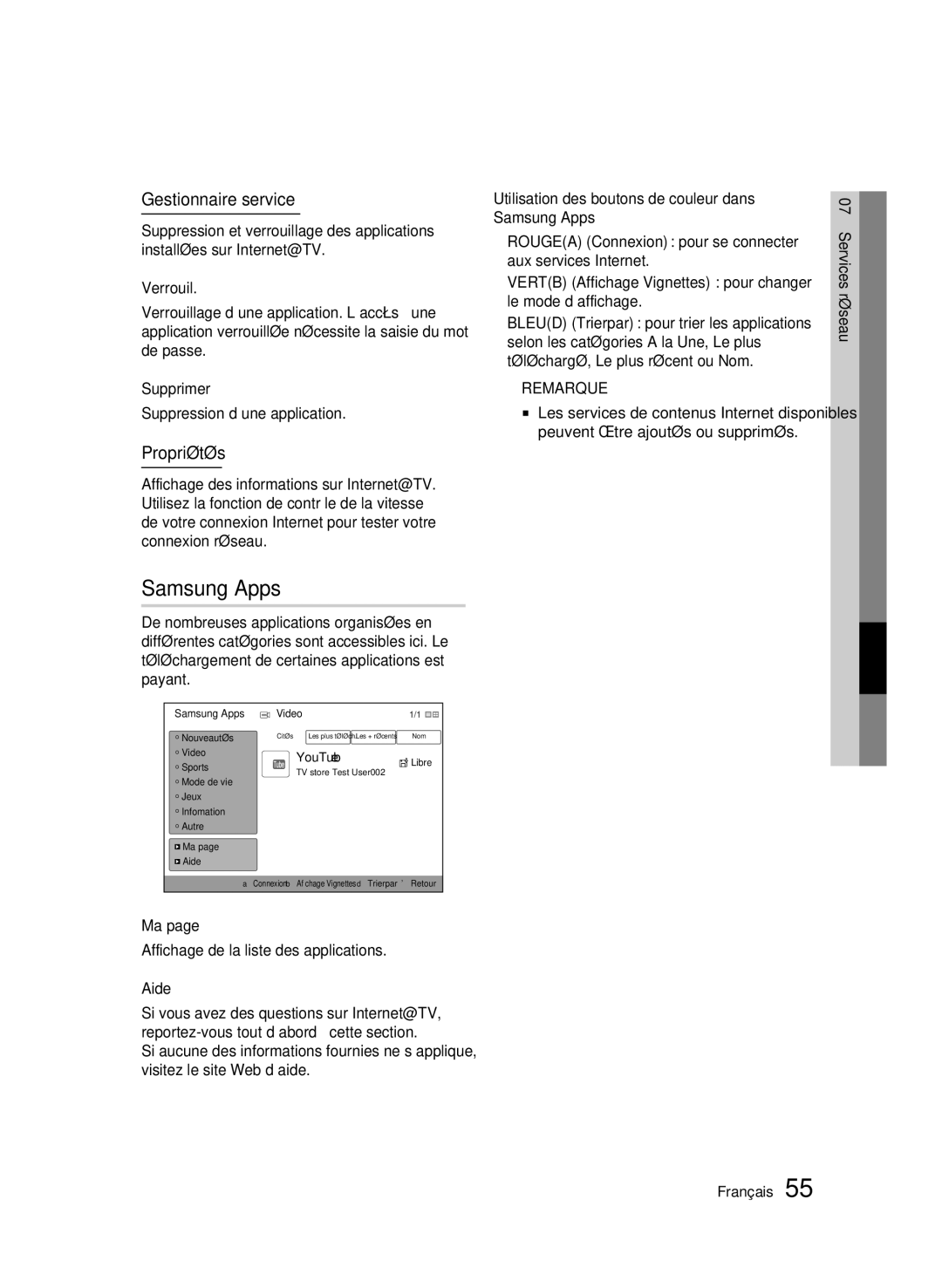 Samsung BD-C7509/XEG manual Samsung Apps, Gestionnaire service, Propriétés 