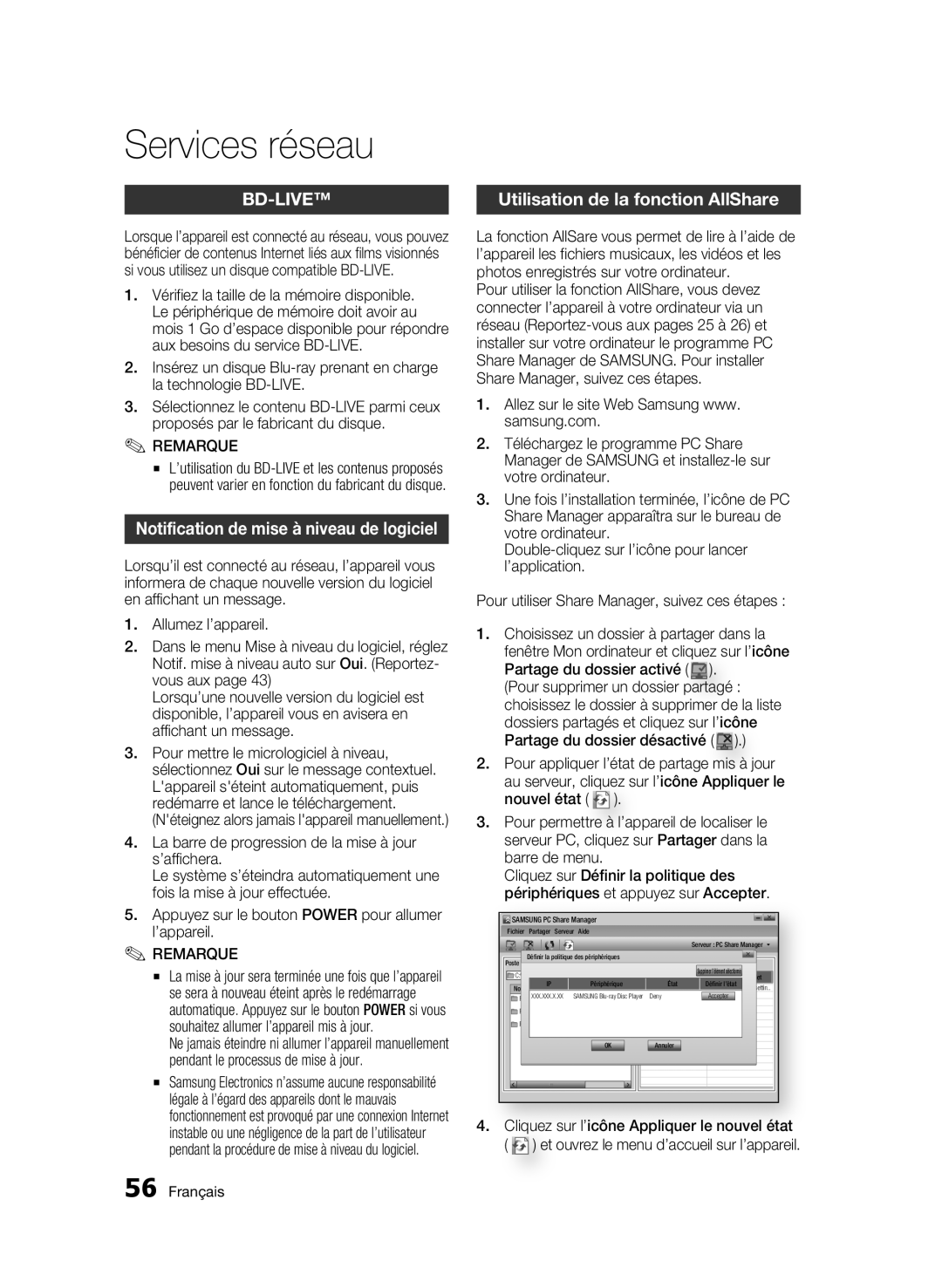 Samsung BD-C7509/XEG manual Notification de mise à niveau de logiciel, Utilisation de la fonction AllShare 