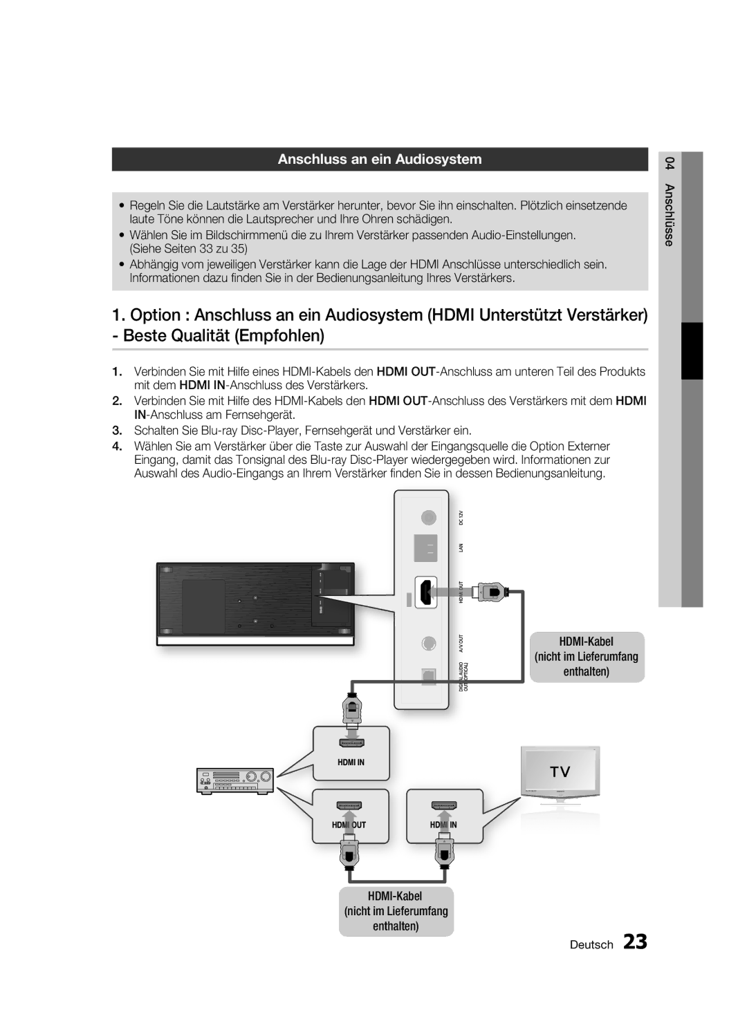 Samsung BD-C7509/XEG manual Anschluss an ein Audiosystem, HDMI-Kabel Nicht im Lieferumfang Enthalten 