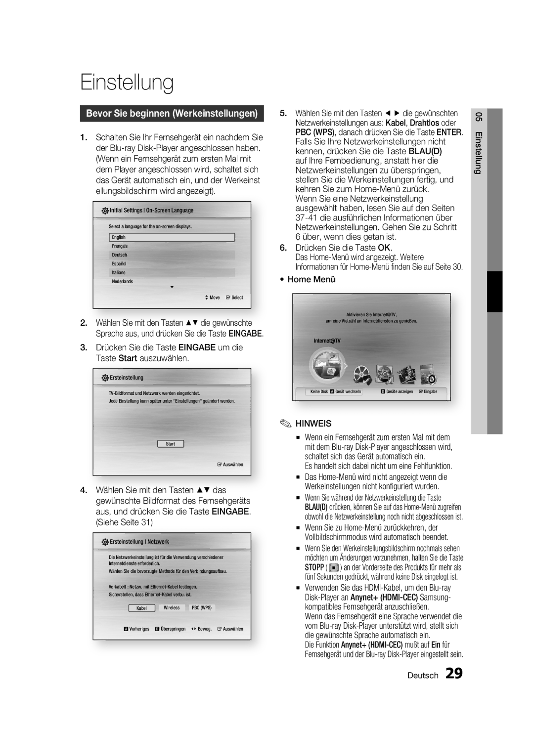 Samsung BD-C7509/XEG manual Einstellung, Bevor Sie beginnen Werkeinstellungen, Drücken Sie die Taste OK, Home Menü 