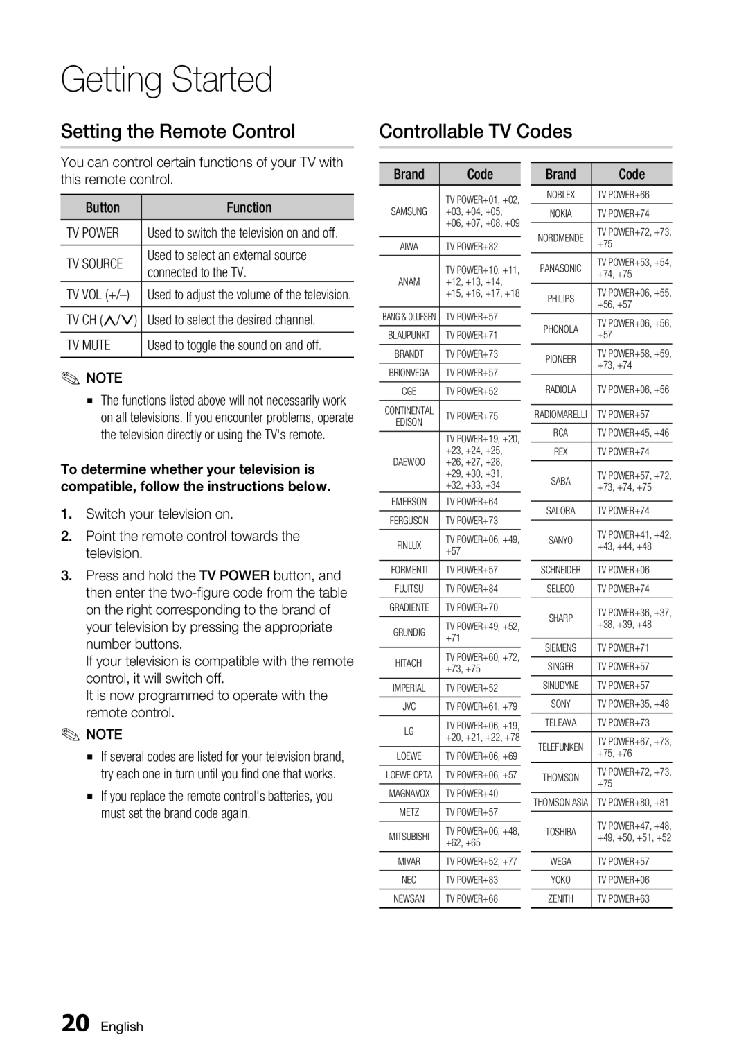 Samsung BD-C7900 user manual Setting the Remote Control, Controllable Tv Codes, Connected to the TV, Tv Ch 