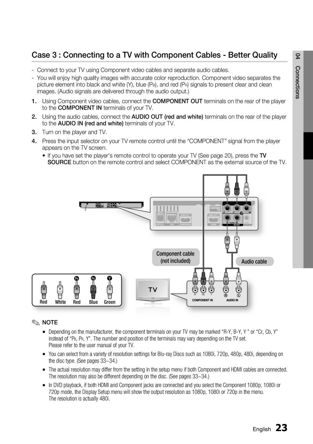 Samsung BD-C7900 user manual Resolution is actually, Component cable, Red White Red Blue Green 