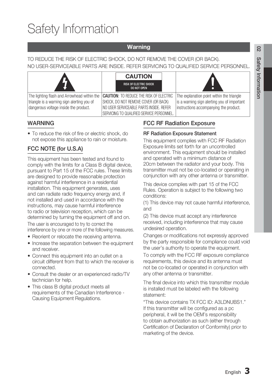 Samsung BD-C7900 Safety Information, FCC RF Radiation Exposure, FCC Note for U.S.A, RF Radiation Exposure Statement 