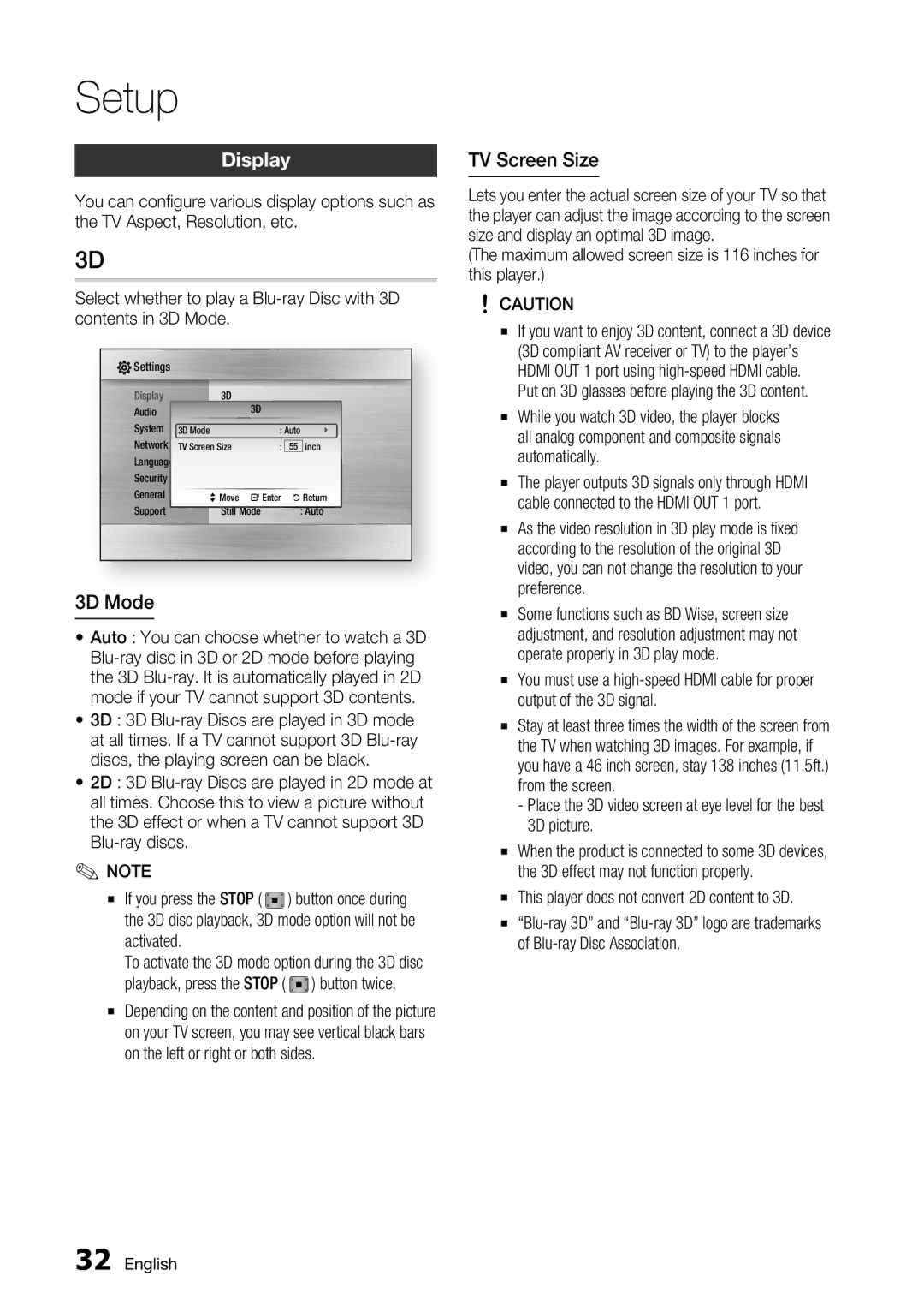 Samsung BD-C7900 user manual Display, 3D Mode, TV Screen Size 