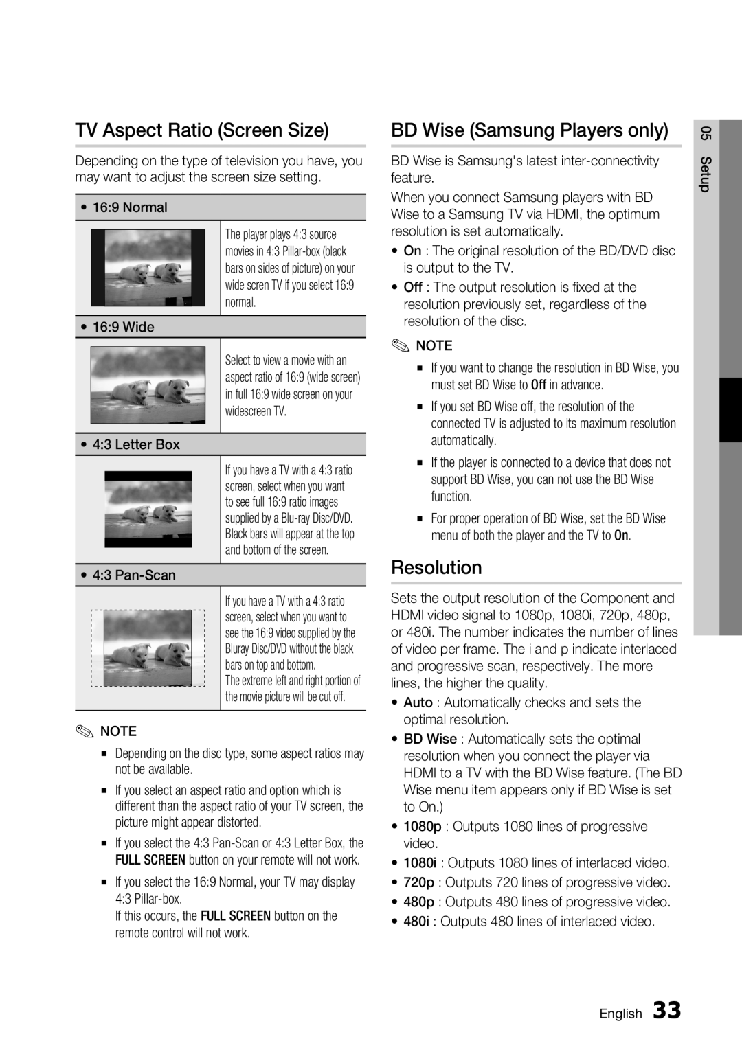 Samsung BD-C7900 user manual TV Aspect Ratio Screen Size, BD Wise Samsung Players only, Resolution 