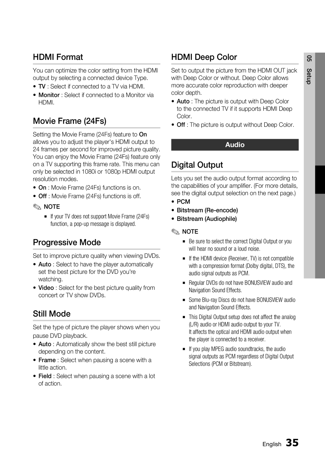 Samsung BD-C7900 user manual Hdmi Format, Movie Frame 24Fs, Progressive Mode, Still Mode, Hdmi Deep Color, Digital Output 