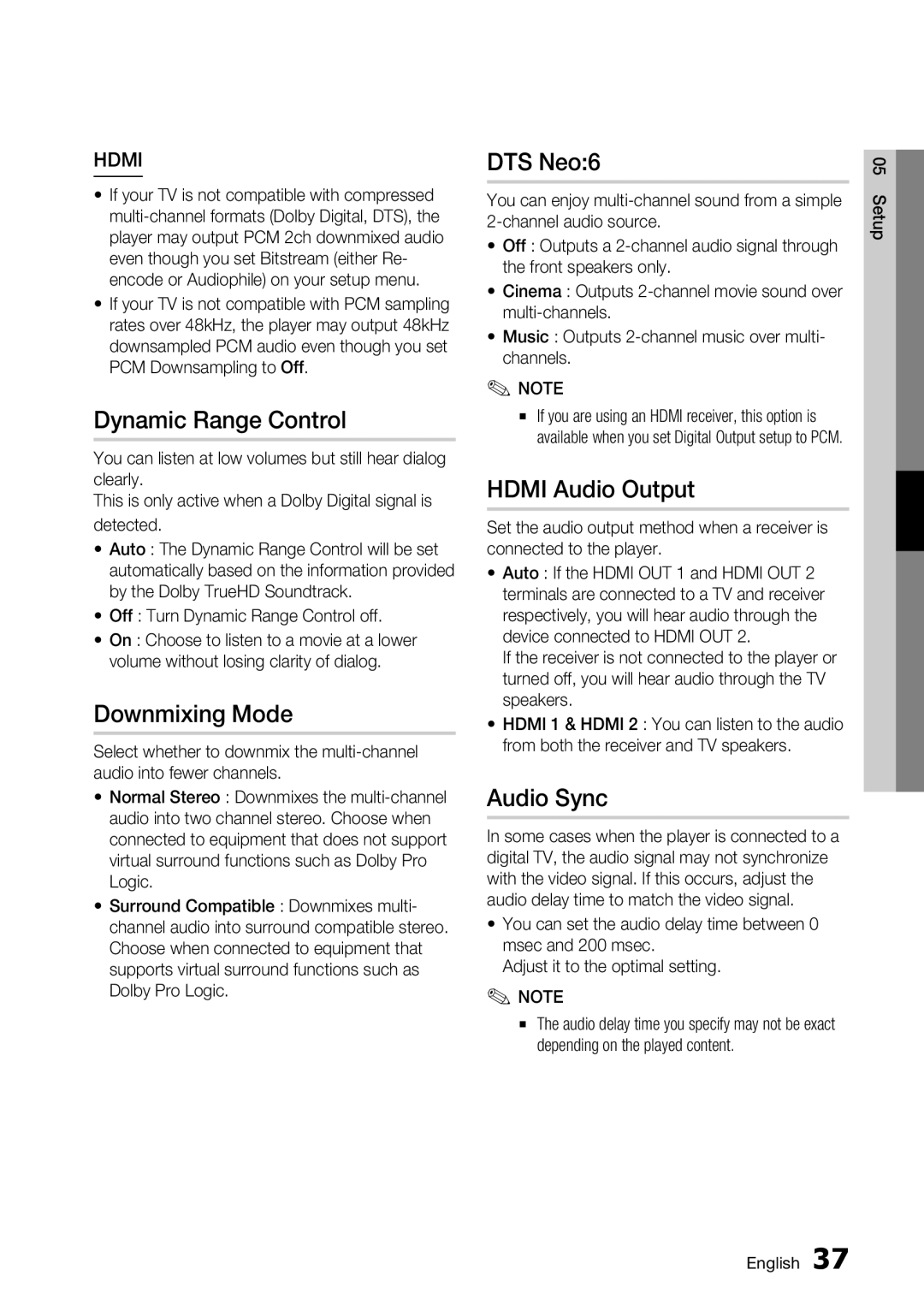 Samsung BD-C7900 user manual Dynamic Range Control, Downmixing Mode, DTS Neo6, Hdmi Audio Output, Audio Sync 