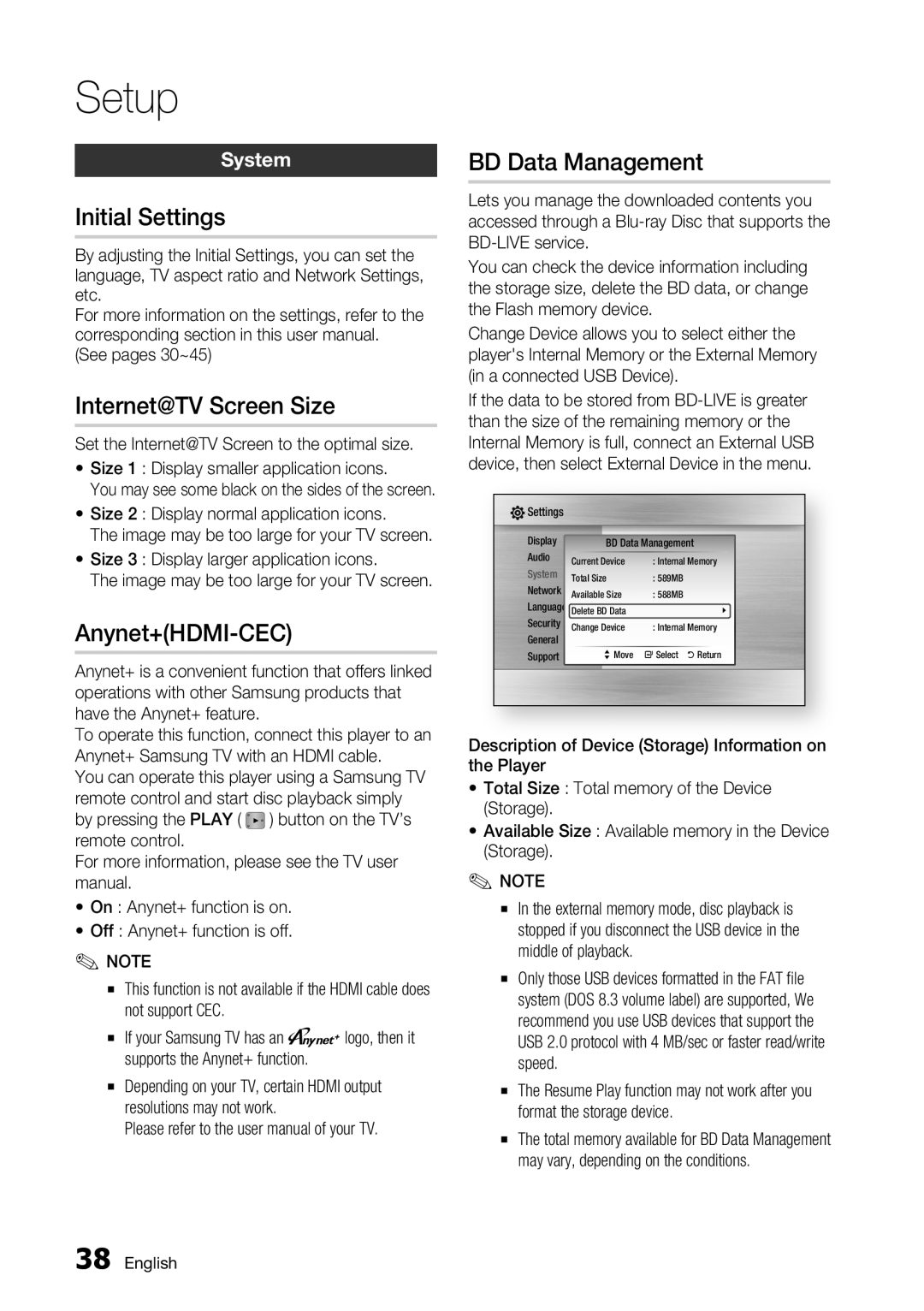 Samsung BD-C7900 user manual Initial Settings, Internet@TV Screen Size, Anynet+HDMI-CEC, BD Data Management, System 