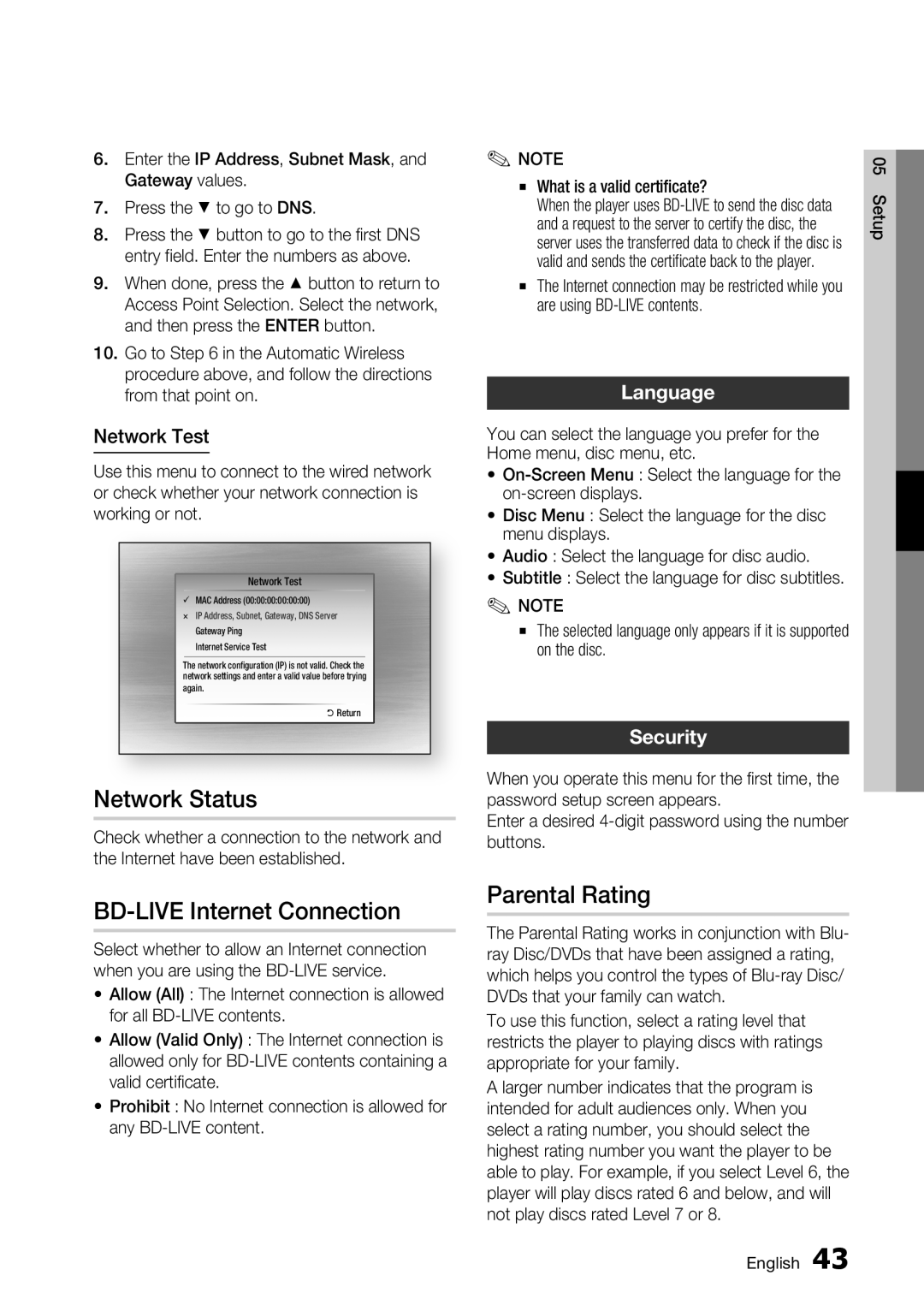 Samsung BD-C7900 user manual Network Status, BD-LIVE Internet Connection, Parental Rating, Language, Security 