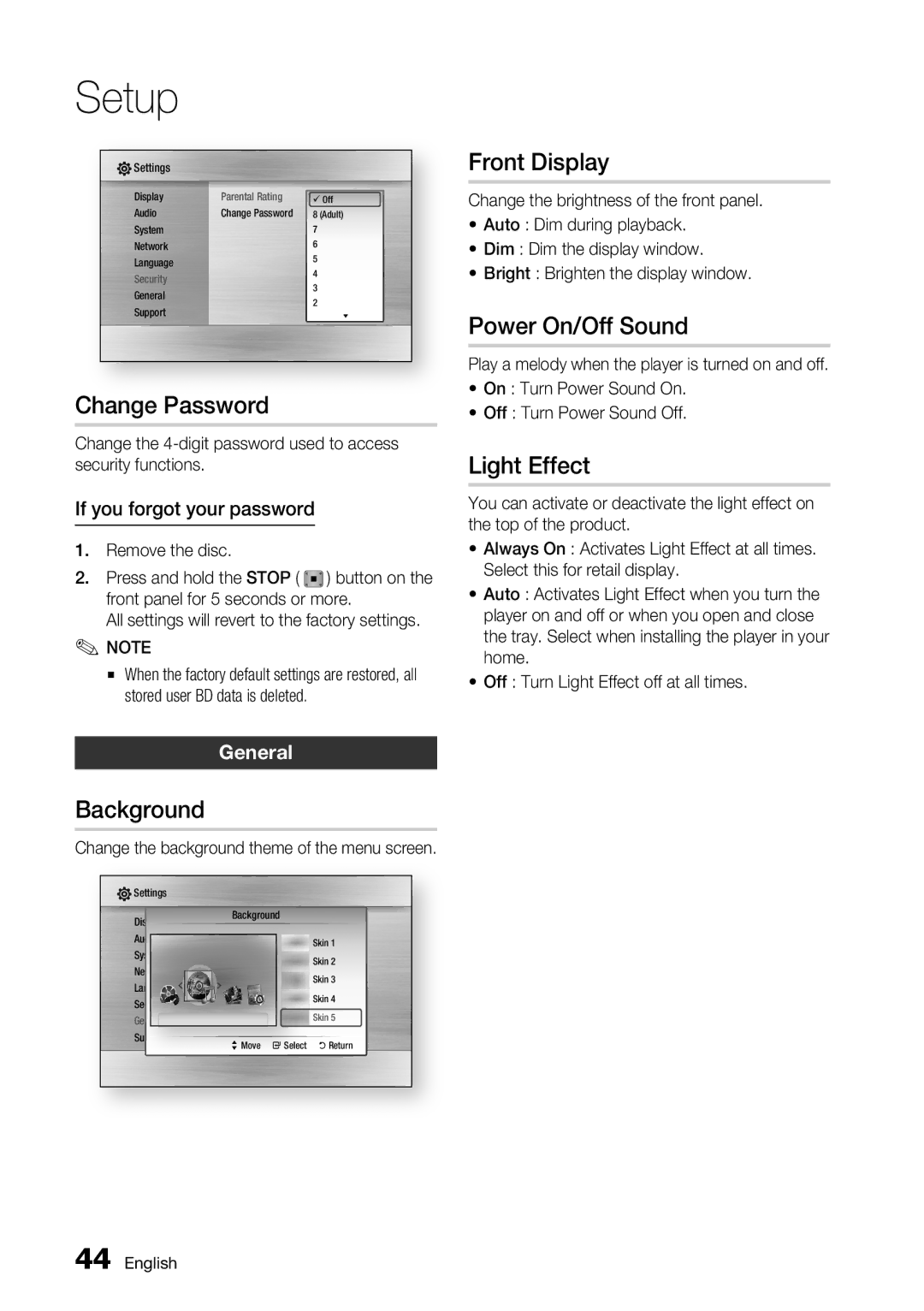 Samsung BD-C7900 user manual Change Password, Background, Front Display, Power On/Off Sound, Light Effect 