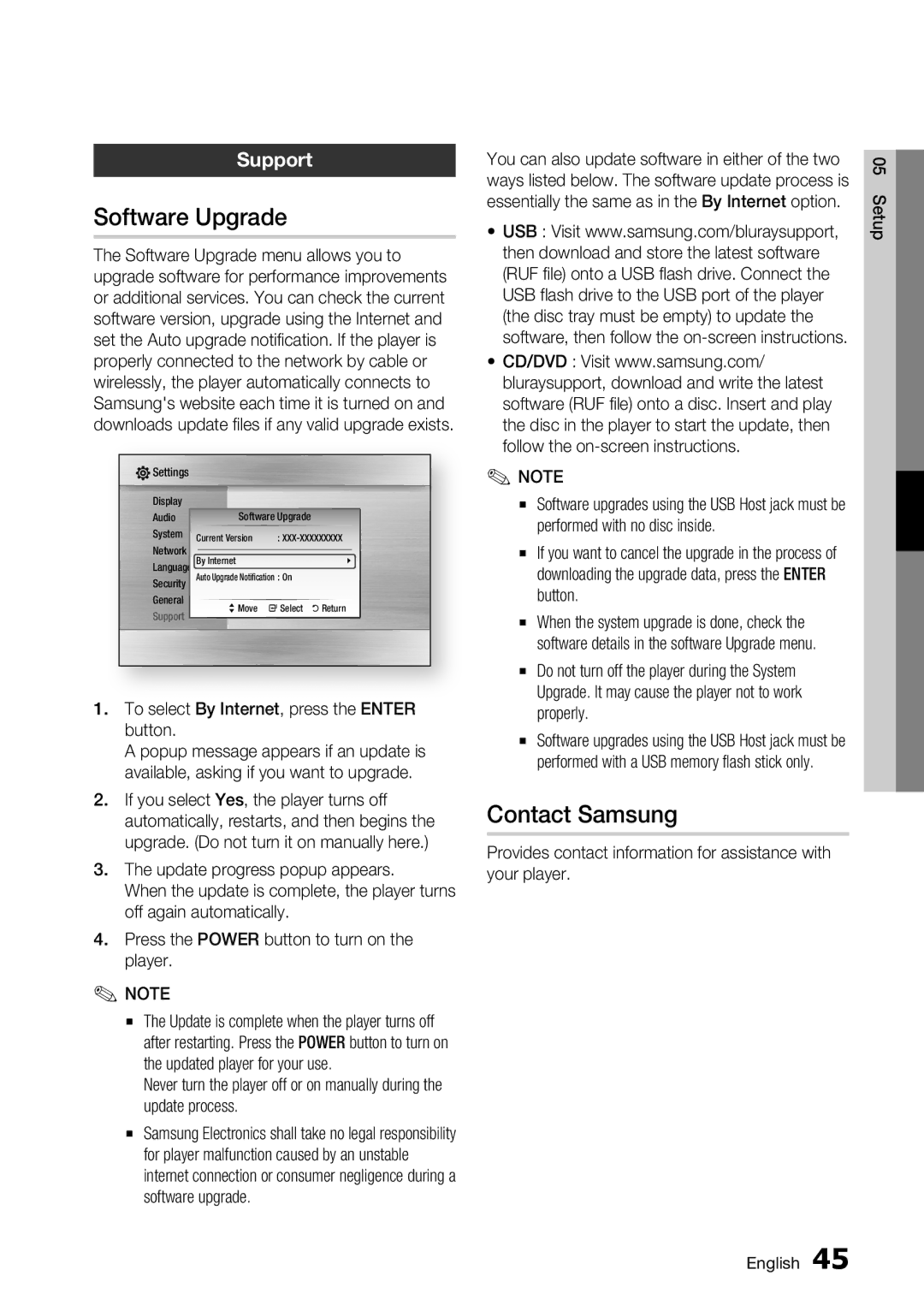 Samsung BD-C7900 user manual Software Upgrade, Contact Samsung, Support, To select By Internet, press the Enter button 