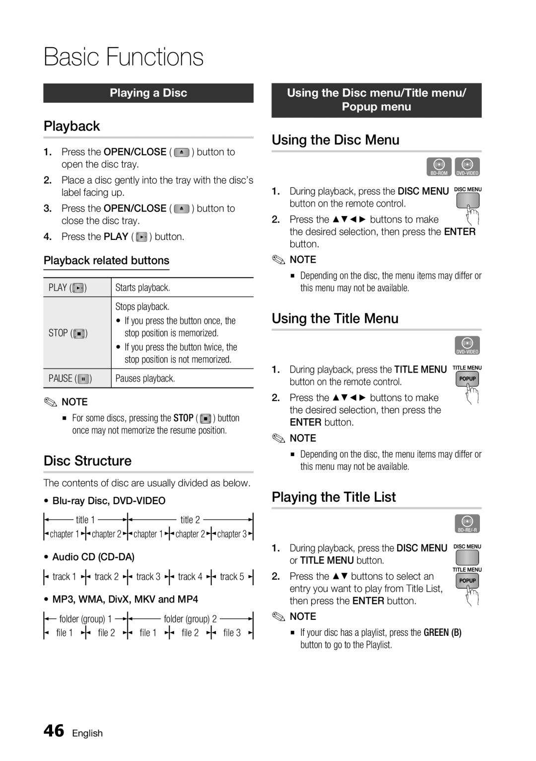 Samsung BD-C7900 user manual Basic Functions 