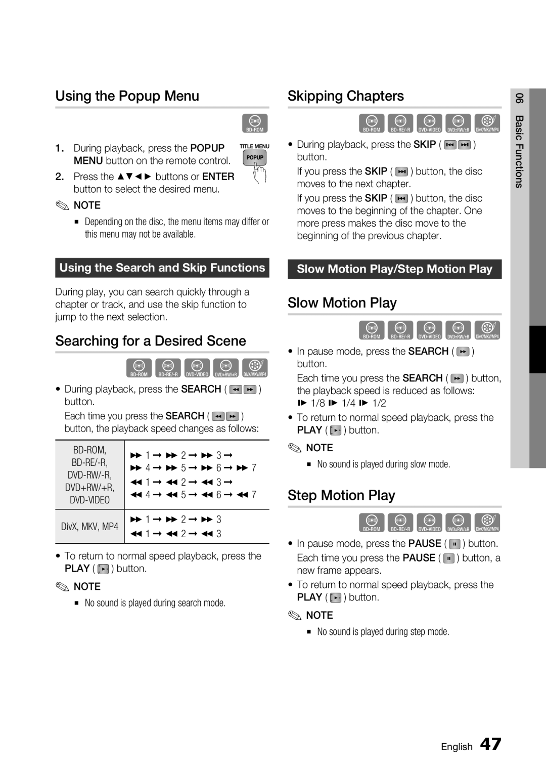 Samsung BD-C7900 user manual Using the Popup Menu, Skipping Chapters, Searching for a Desired Scene, Slow Motion Play 