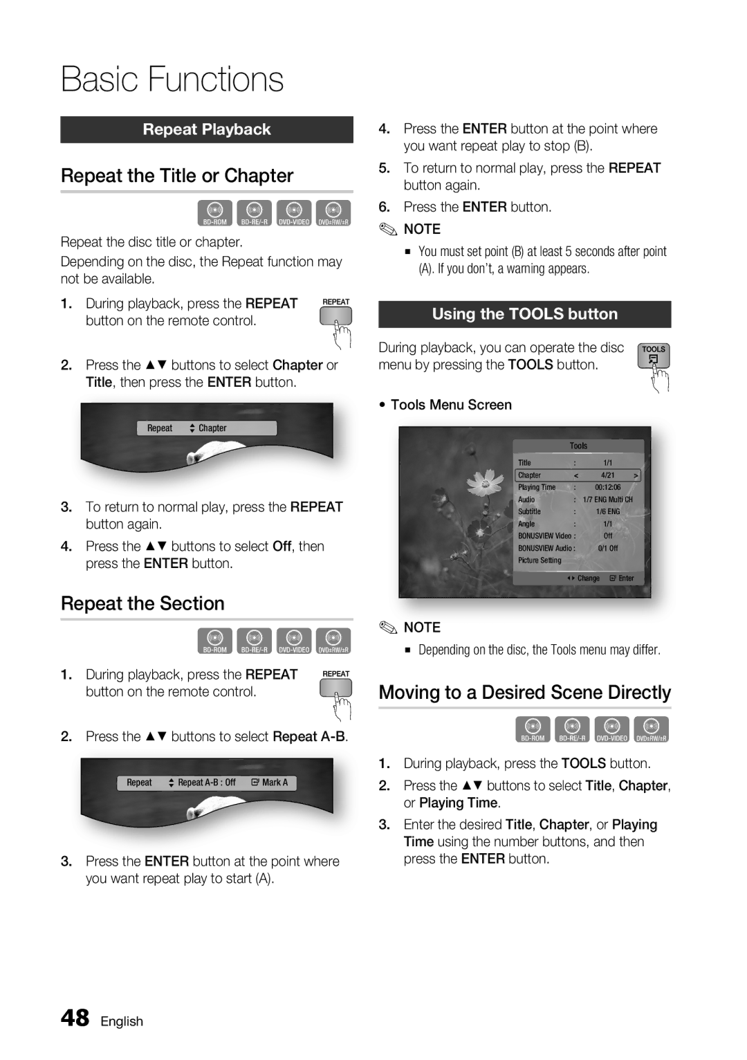 Samsung BD-C7900 Repeat the Title or Chapter, Repeat the Section, Moving to a Desired Scene Directly, Repeat Playback 