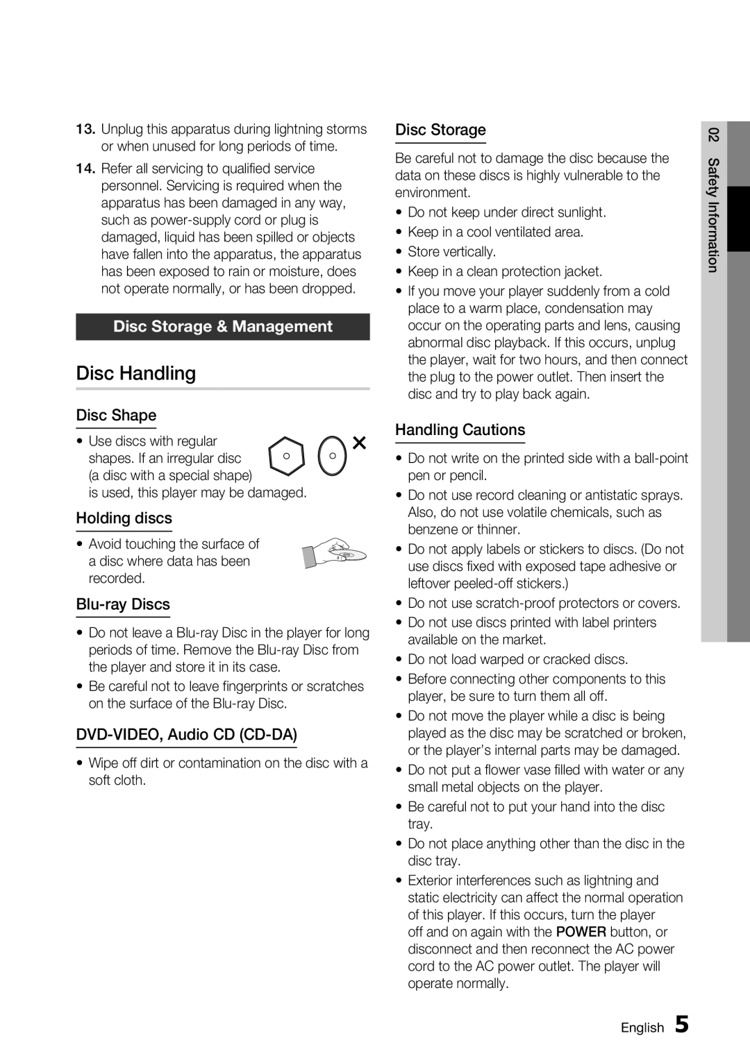 Samsung BD-C7900 user manual Disc Handling, Disc Storage & Management 