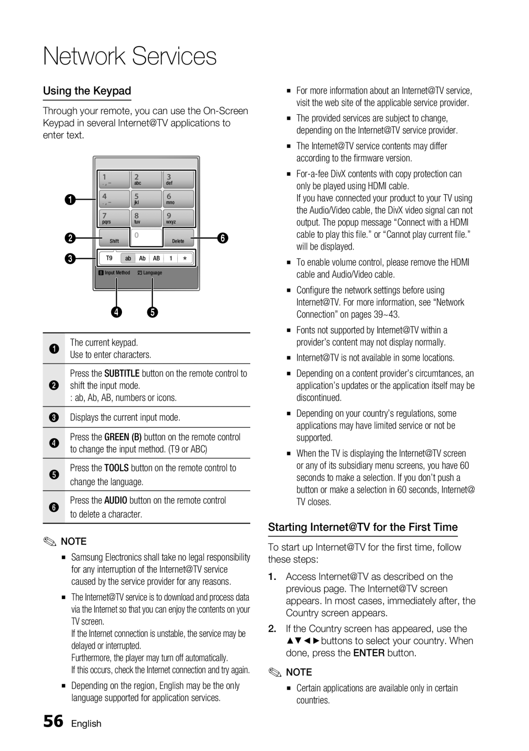 Samsung BD-C7900 user manual Using the Keypad, Starting Internet@TV for the First Time 