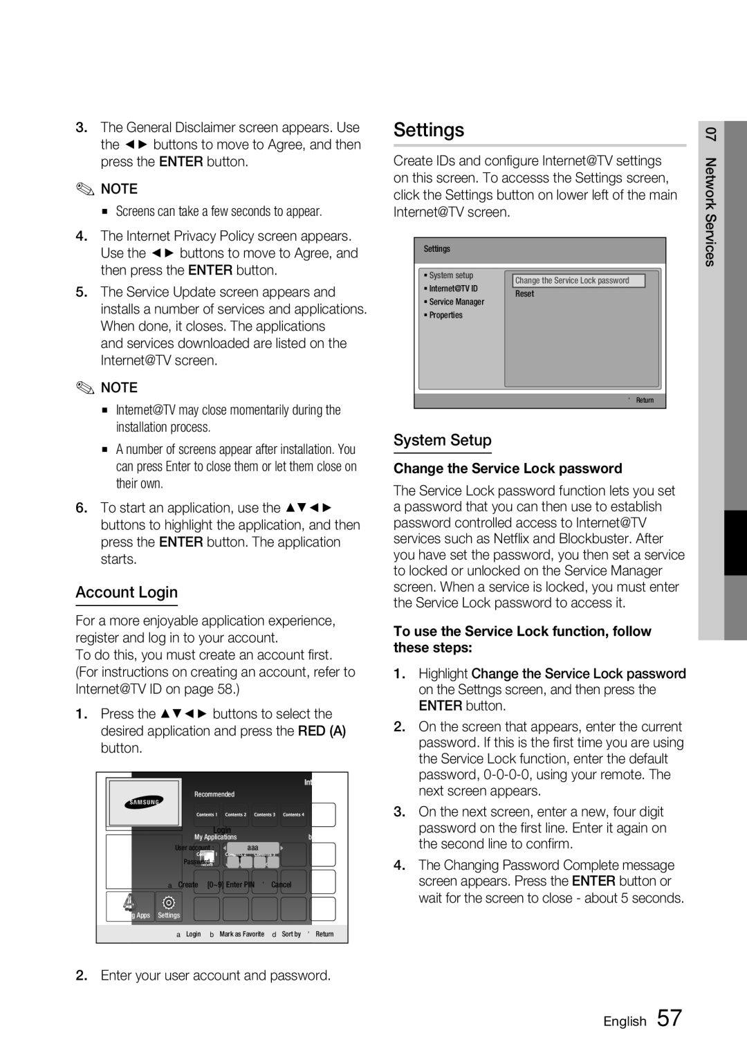 Samsung BD-C7900 user manual Settings, Account Login, System Setup, Change the Service Lock password 