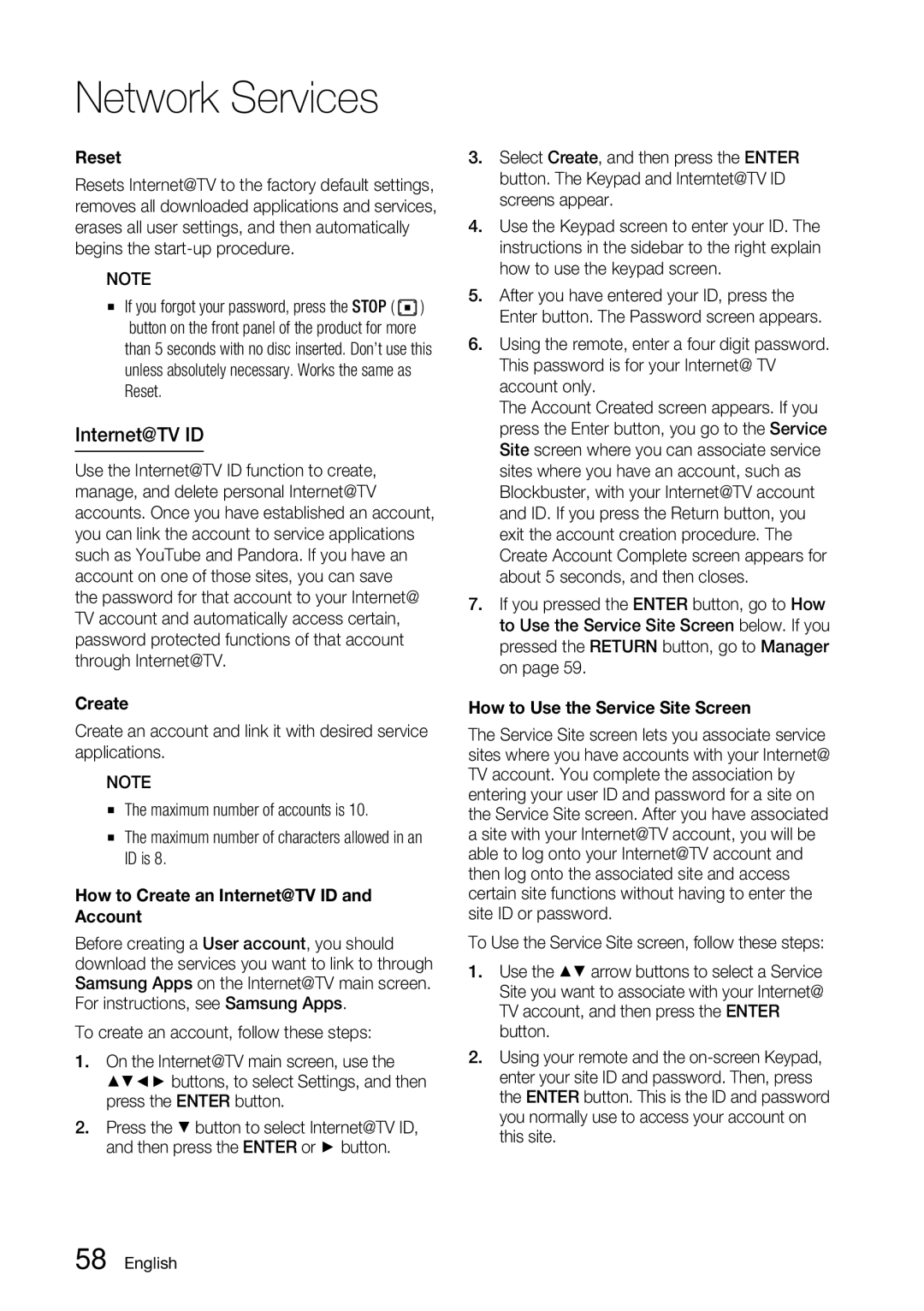 Samsung BD-C7900 user manual Reset, How to Create an Internet@TV ID and Account, How to Use the Service Site Screen 