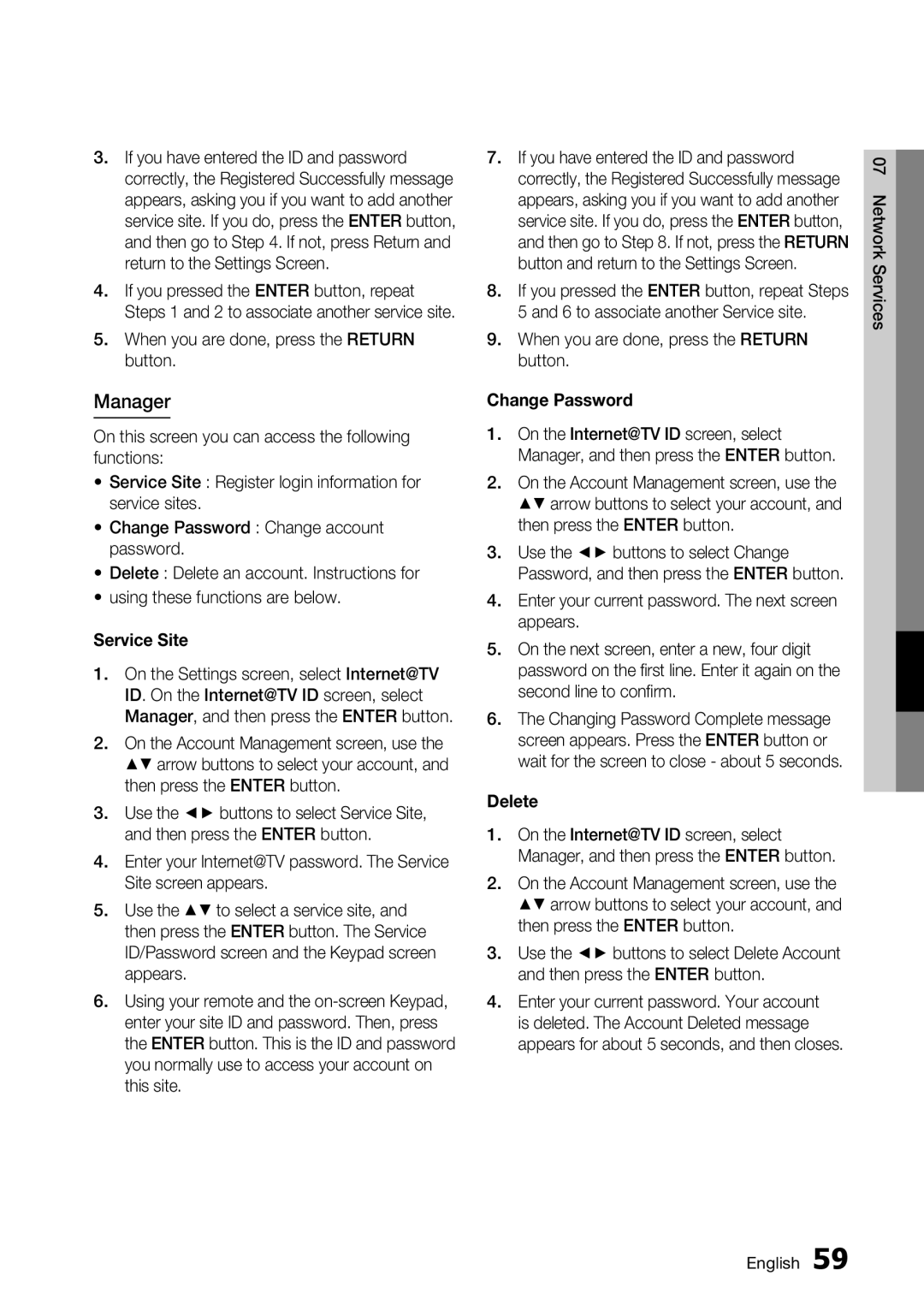 Samsung BD-C7900 user manual Manager, When you are done, press the Return button, Service Site, Change Password, Delete 