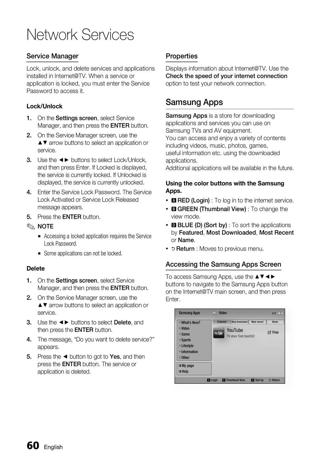 Samsung BD-C7900 user manual Service Manager, Properties, Accessing the Samsung Apps Screen 