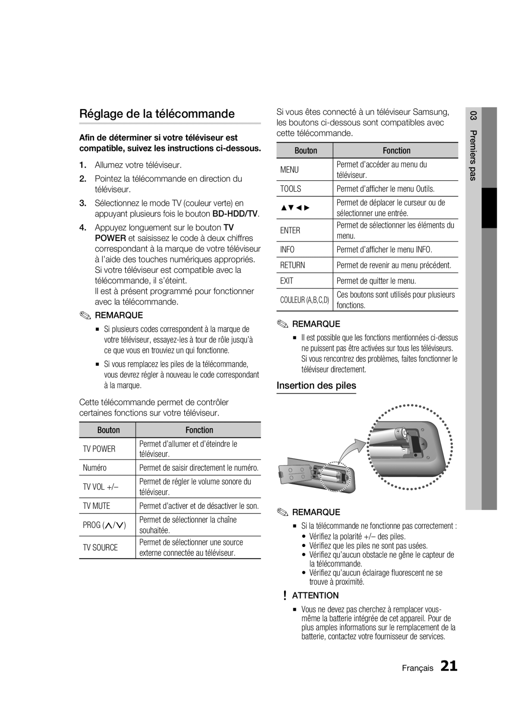 Samsung BD-C8200/EDC, BD-C8500/EDC, BD-C8200/XEN, BD-C8500/XEN, BD-C8200/XEF Réglage de la télécommande, Insertion des piles 