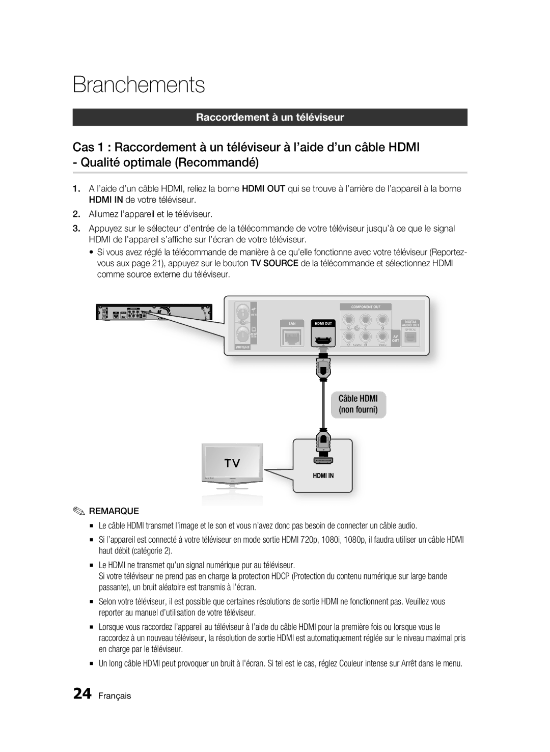 Samsung BD-C8500/XEN, BD-C8200/EDC, BD-C8500/EDC, BD-C8200/XEN, BD-C8200/XEF, BD-C8500/XEF manual Raccordement à un téléviseur 