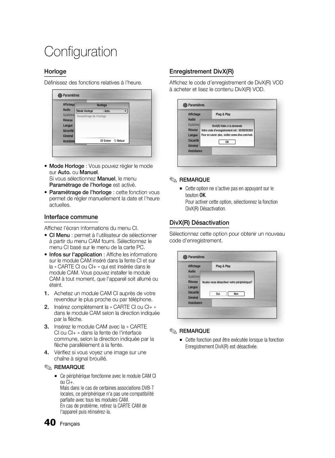 Samsung BD-C8500/XEN, BD-C8200/EDC, BD-C8500/EDC manual Horloge, Interface commune, Enregistrement DivXR, DivXR Désactivation 