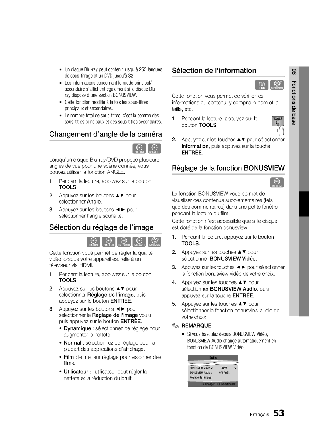 Samsung BD-C8200/EDC manual Changement d’angle de la caméra, Sélection du réglage de l’image, Sélection de linformation 