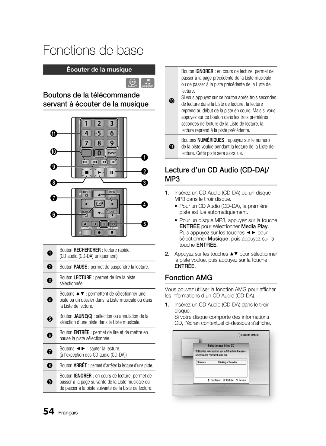 Samsung BD-C8500/EDC manual Boutons de la télécommande servant à écouter de la musique, Lecture d’un CD Audio CD-DA/ MP3 