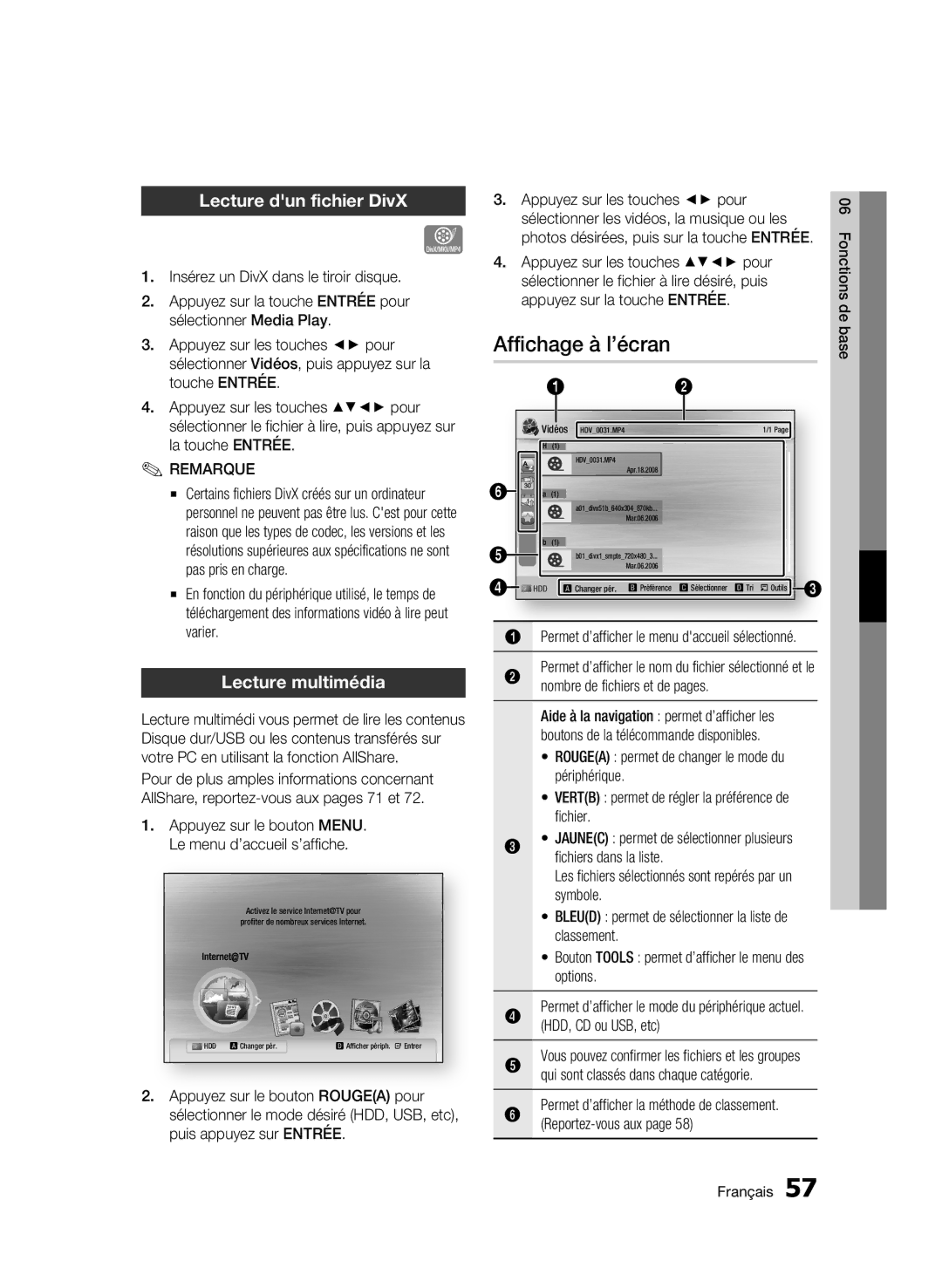 Samsung BD-C8200/XEF, BD-C8200/EDC, BD-C8500/EDC manual Affichage à l’écran, Lecture dun fichier DivX, Lecture multimédia 