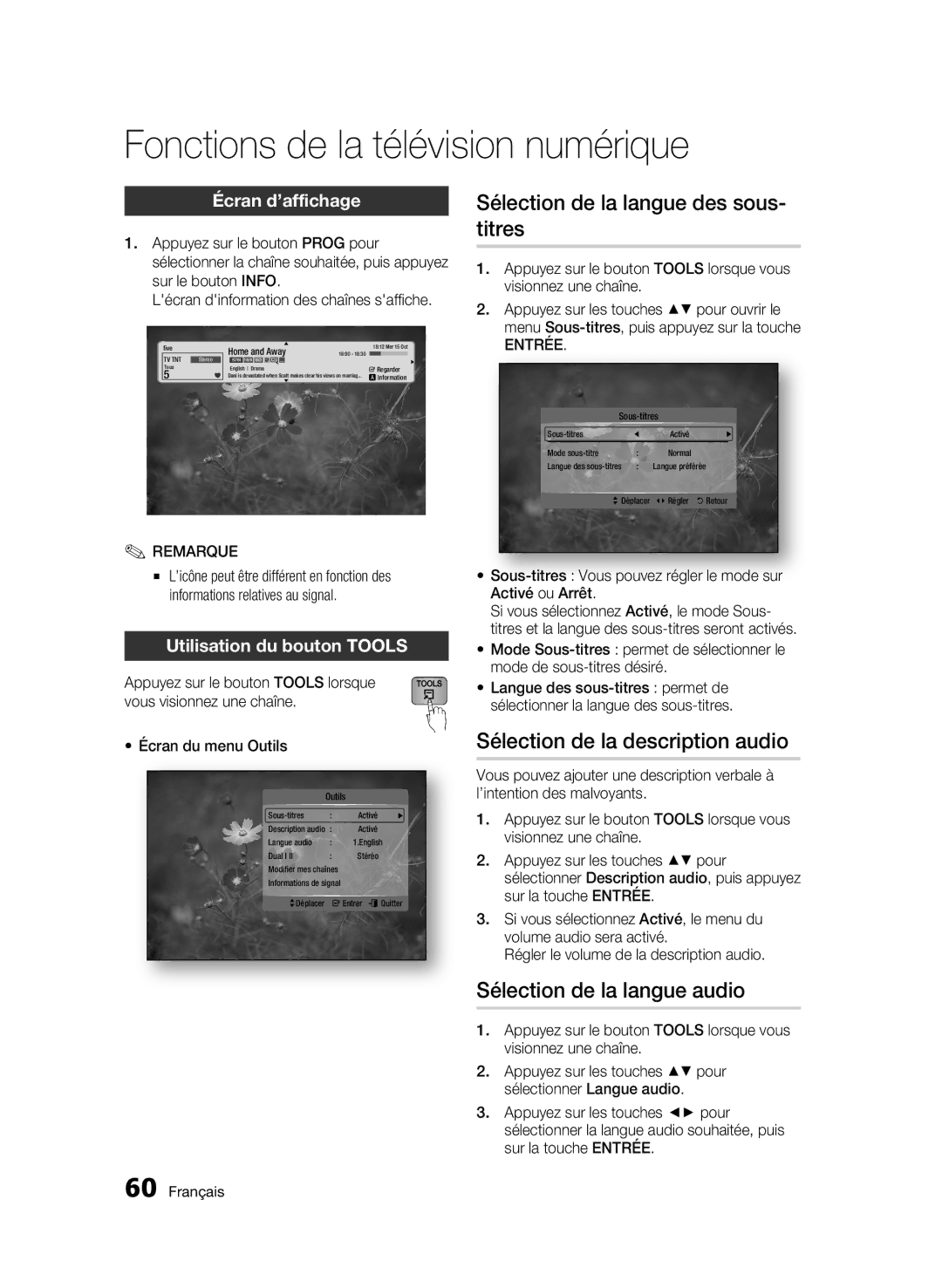 Samsung BD-C8200/XEE Fonctions de la télévision numérique, Sélection de la langue des sous- titres, Écran d’affichage 