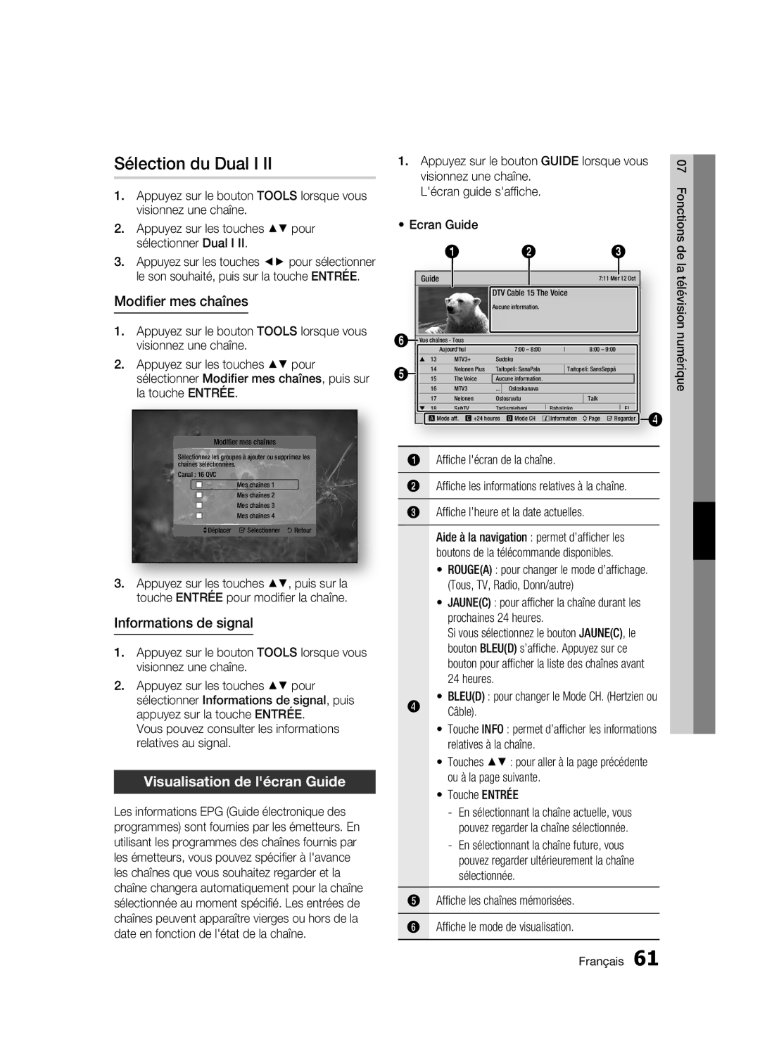 Samsung BD-C8200/EDC Sélection du Dual I, Modifier mes chaînes, Informations de signal, Visualisation de lécran Guide 