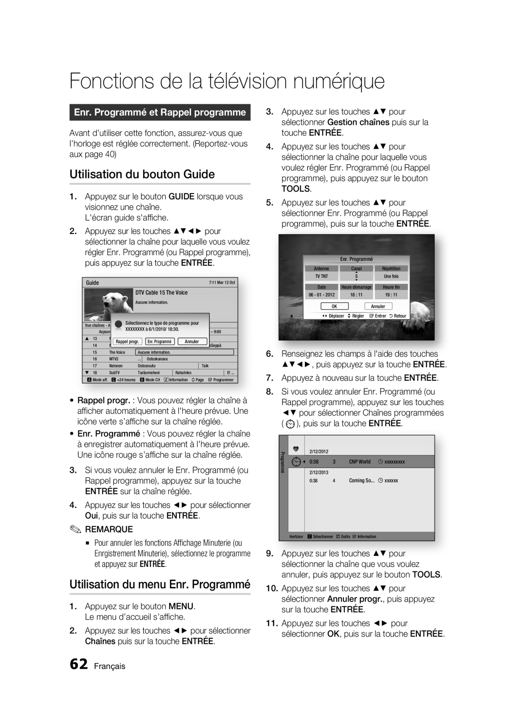 Samsung BD-C8500/EDC Utilisation du bouton Guide, Utilisation du menu Enr. Programmé, Enr. Programmé et Rappel programme 