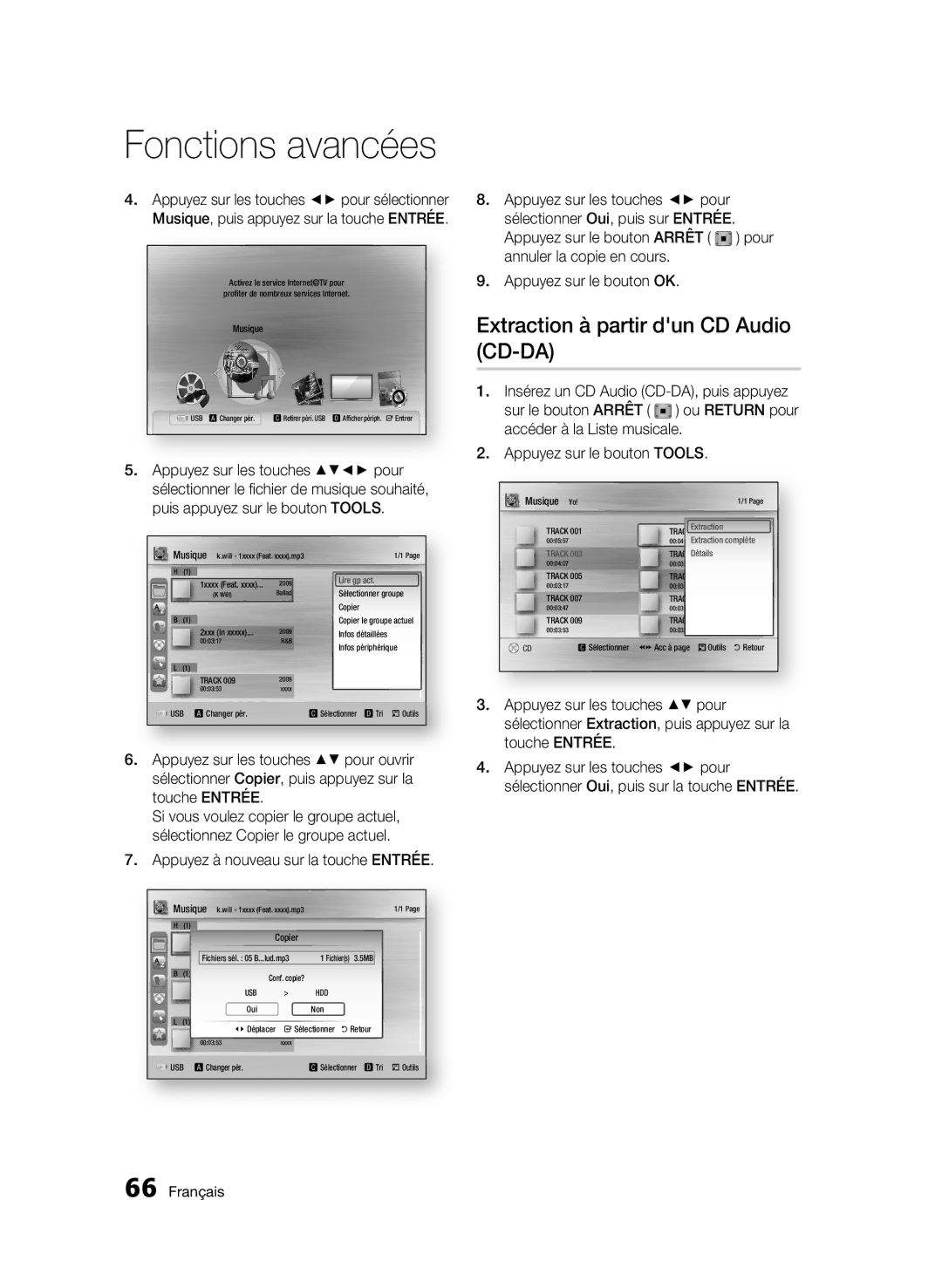 Samsung BD-C8500/XEF, BD-C8200/EDC, BD-C8500/EDC, BD-C8200/XEN manual Extraction à partir dun CD Audio CD-DA, MusiqueMusic 