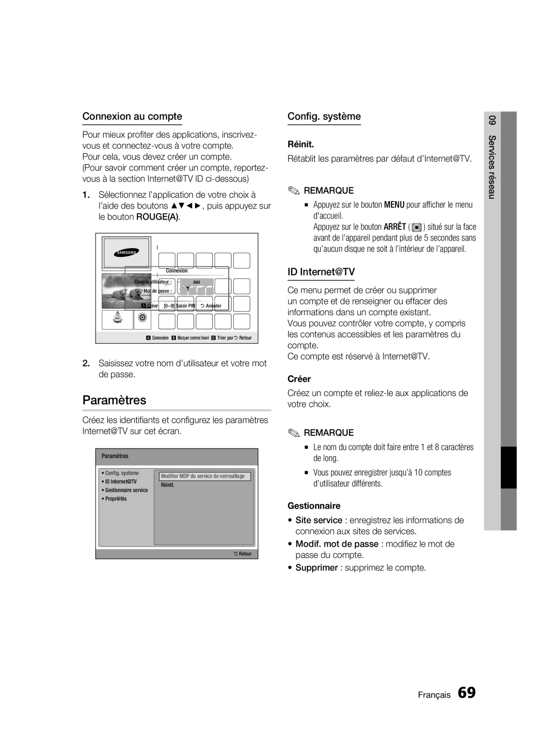 Samsung BD-C8200/EDC, BD-C8500/EDC, BD-C8200/XEN manual Paramètres, Connexion au compte, Config. système, ID Internet@TV 