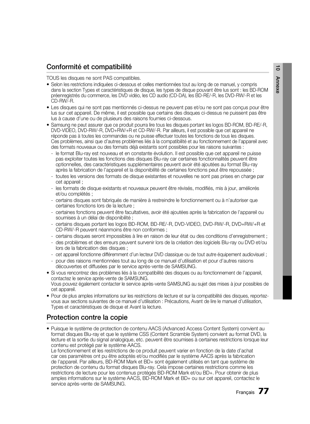 Samsung BD-C8200/EDC manual Conformité et compatibilité, Protection contre la copie, Lors de la fabrication des disques 